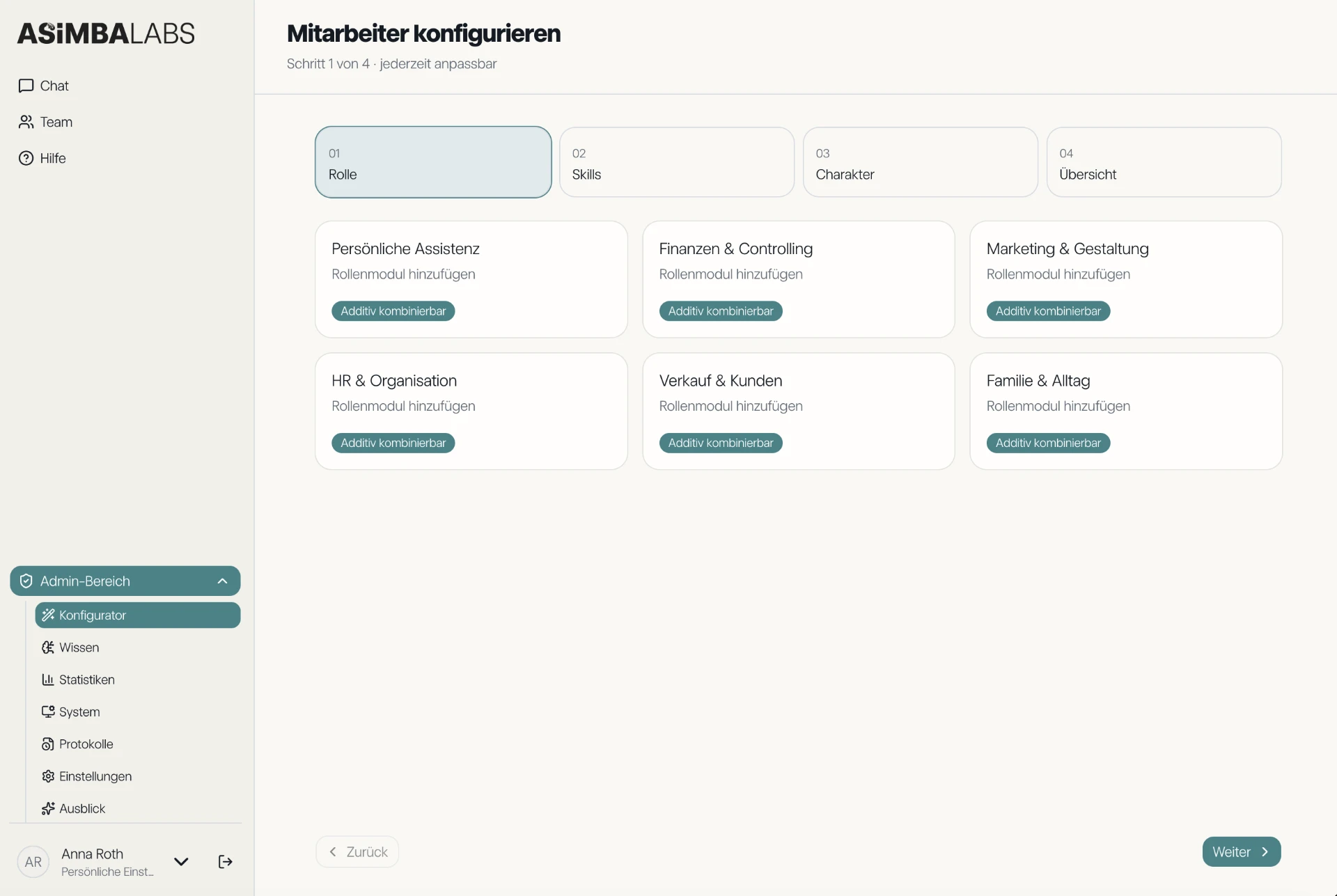 Konfigurator: Rollenmodule für einen digitalen Mitarbeitenden auswählen