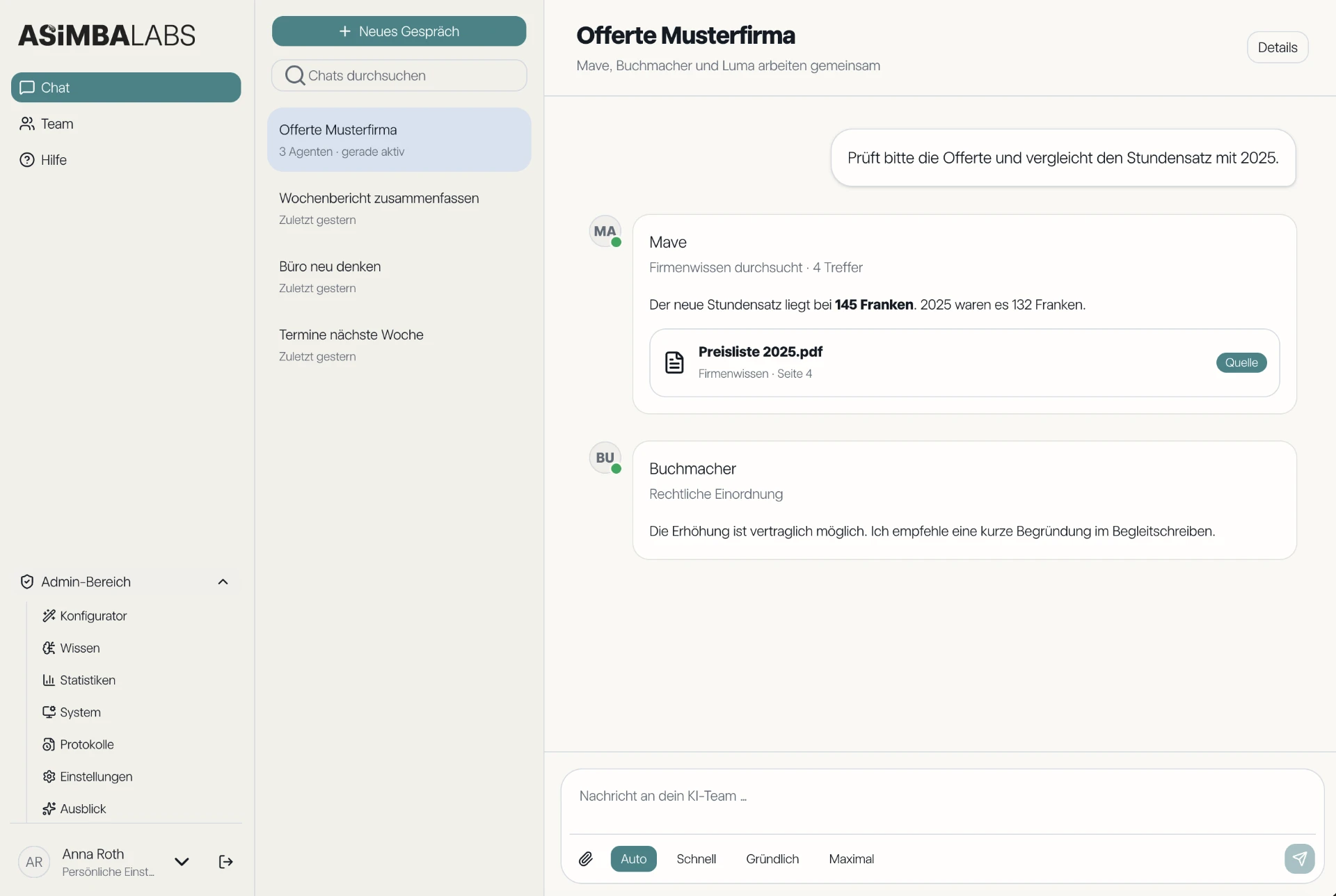 Chat-Ansicht: mehrere digitale Mitarbeitende arbeiten gemeinsam an einer Offerte